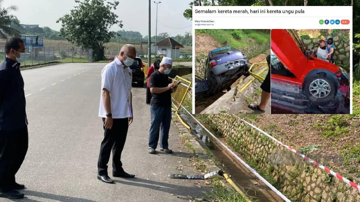 Datuk Bandar Pasir  Gudang Datuk Asman Shah Abd Rahman meninjau lokasi kejadian di Kampung Sungai Rinting D, Masai hari ini. (Gambar kecil) Laporan Harian Metro semalam.