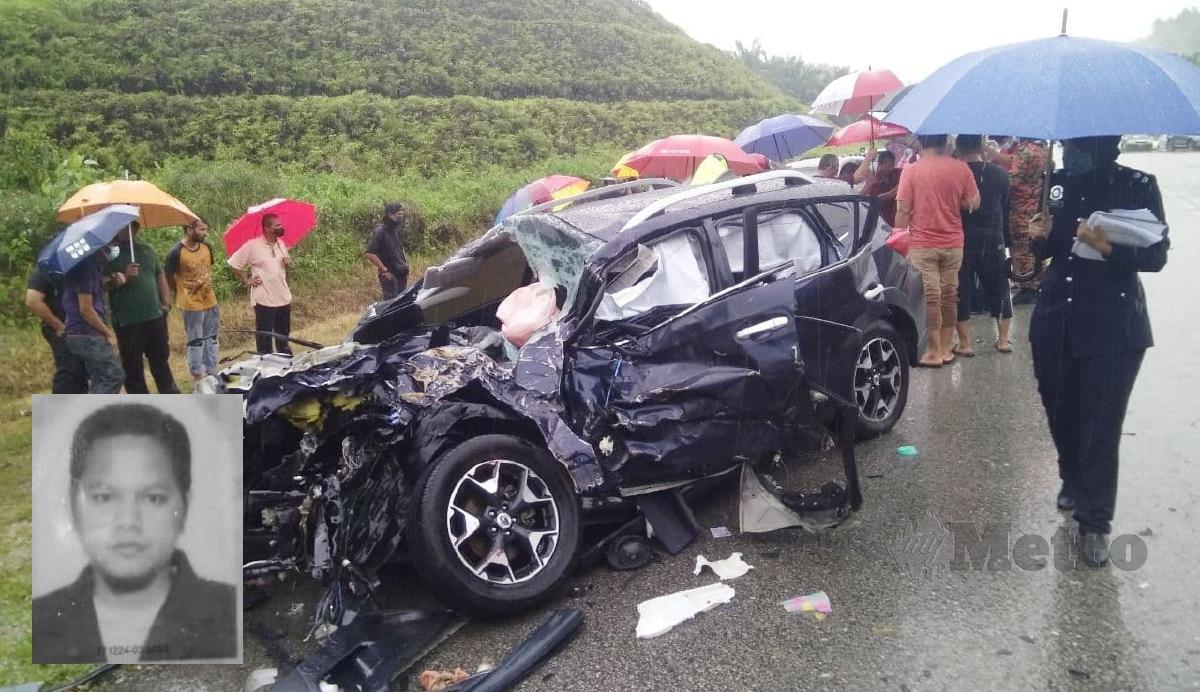 KEADAAN SUV yang remuk. (gambar kecil) Mohd Zuki yang maut dalam kemalangan. FOTO Rosli Ilham.