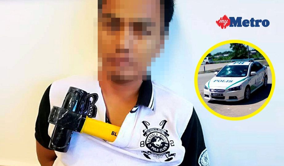 LELAKI ditahan ketuk dan pecahkan cermin depan kereta polis. Gambar kecil, cermin kereta polis yang dipecahkan suspek. FOTO Ihsan PDRM Pahang