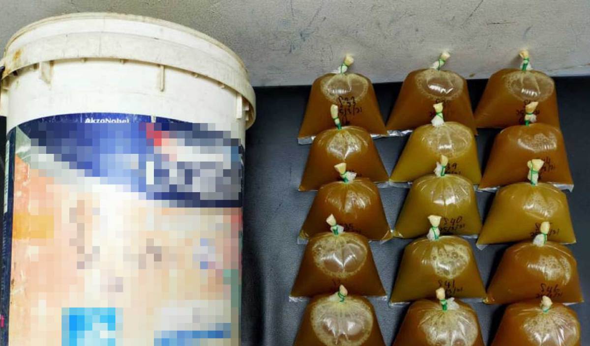 AIR ketum, daun ketum dan peralatan memproses air ketum yang dirampas polis ketika membuat serbuan di Butterworth dan Tasek Gelugor. FOTO Ihsan PDRM
