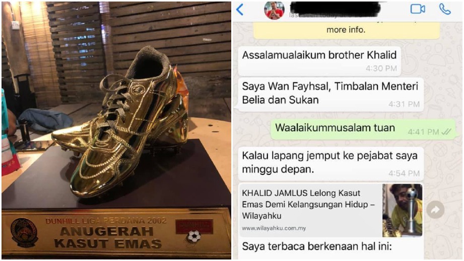 KHALID berkongsi perbualan bersama Wan Ahmad selepas dia bertindak menjual koleksi peribadi termasuk trofi kasut emas. FOTO Khalid Jamlus 