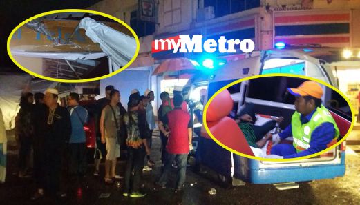 Salah seorang mangsa dibawa ke Hospital Melaka menggunakan ambulans JPAM. Besi khemas yang terpacak di papan tanda Medan Selera Telok Mas (gambar kecil). FOTO ihsan JPAM dan pembaca