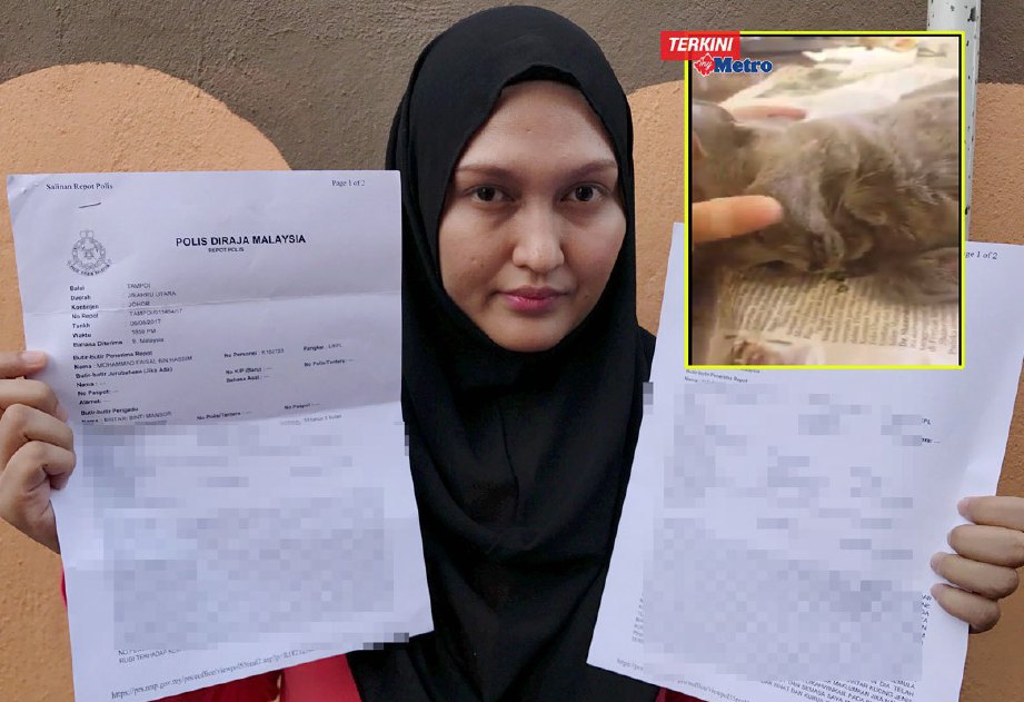 Bistari menunjukkan laporan polis yang dibuat dan (gambar kecil) kucingnya berharga RM10,000 yang mati. FOTO ihsan Bistari