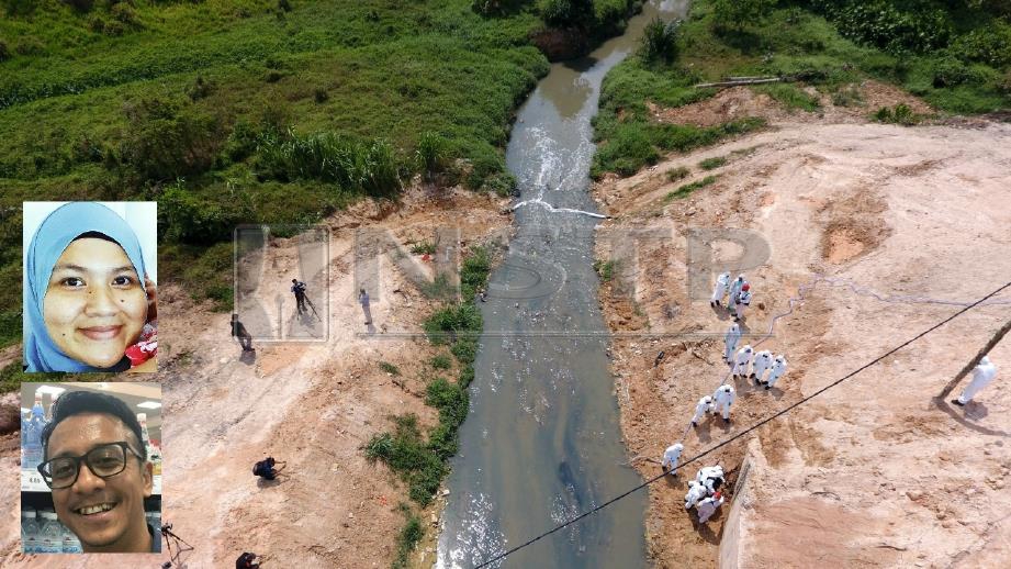 Pekerja syarikat pembersihan melakukan kerja pembersihan sisa bahan toksik di Sungai Kim Kim. FOTO Khairul Ghazali. Gambar atas (Mahirah), bawah (Abdul Rahim)   