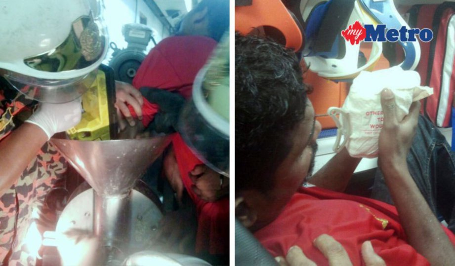 ANGGOTA Bomba dan Penyelamat bertungkus-lumus membantu mengeluarkan tangan kiri mangsa. Gambar kanan, mangsa menanggung kesakitan.