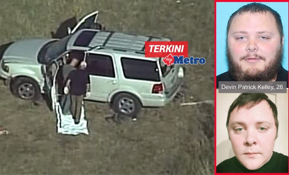 Polis memeriksa kenderaan dinaiki Devin Patrick Kelley, 26, (gambar kecil) yang membunuh 26 orang dalam gereja di Texas. - Foto Daily Mail