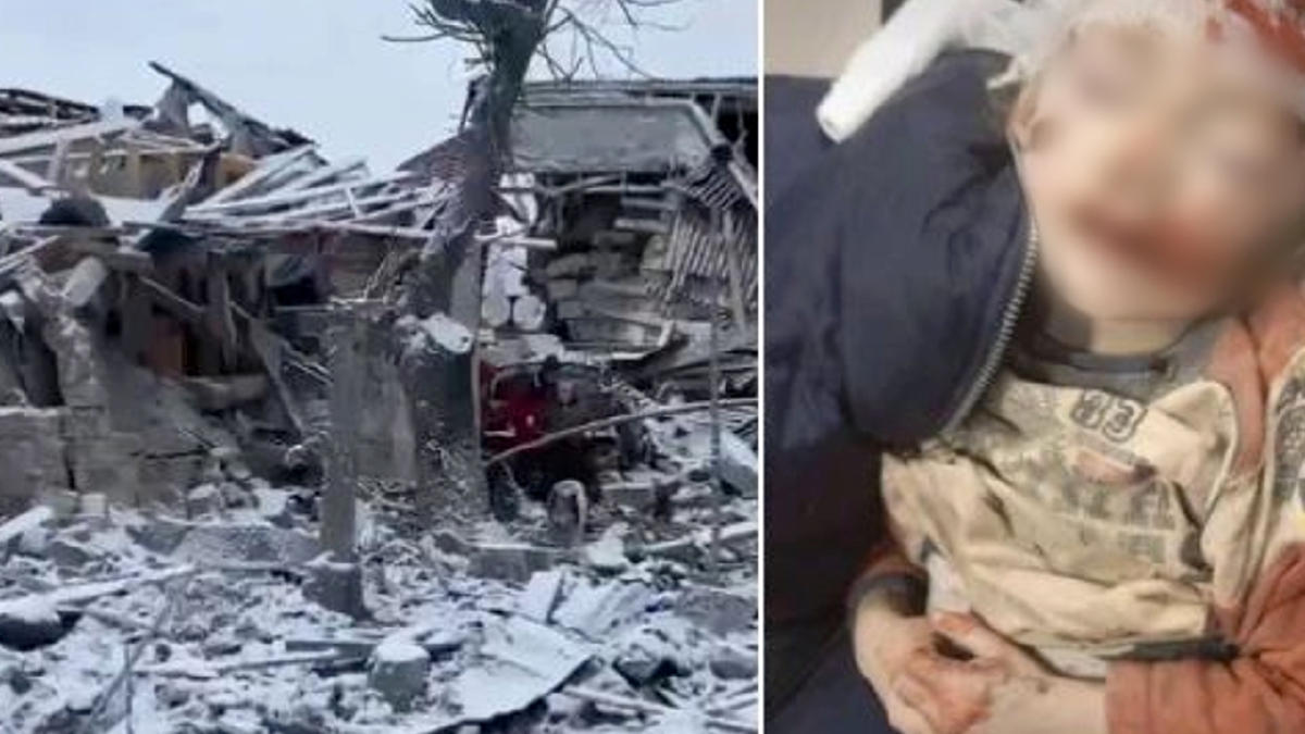 KESAN kemusnahan di SUmy (kiri). Kanak-kanak yang terselamat dalam serangan Rusia di bandar itu (kanan) 
