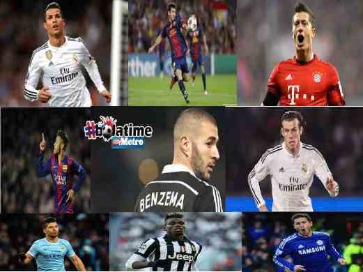 Kombo foto (dari kiri), Ronaldo, Messi, Robert Lewandowski, Neymar, Benzema, Bale, Aguero, Pogba dan Eden Hazard. - Pix AFP/AP/Reuters