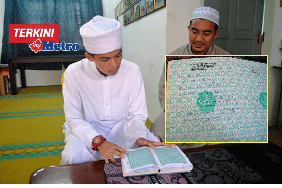 Muhammad Tarmizi (kiri) bersama Ghazali. Gambar kecil, kata-kata semangat untuk diri sendiri yang ditulis Muhammad Tarmizi. FOTO Nurul Fatihah Sulaini 