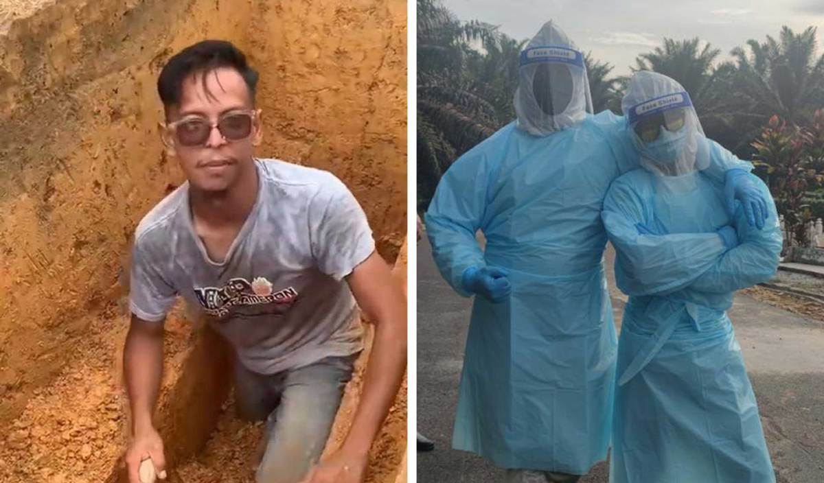 MOHD Sahrizam ketika menggali kubur (kiri) dan PPE dipakai ketika melakukan tugas selepas pandemik Covid-19 (kanan). FOTO Ihsan pembaca
