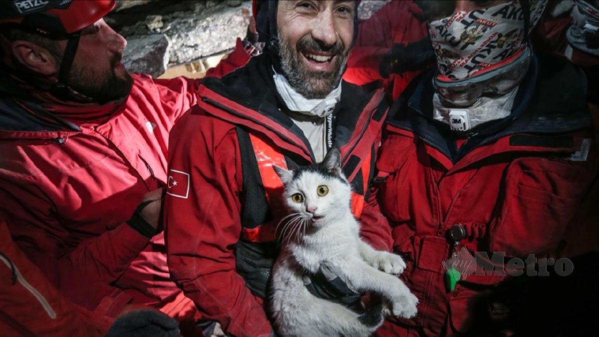 PASUKAN penyelamat menyelamatkan seekor kucing di bawah runtuhan di Hatay. FOTO Anadolu Agency