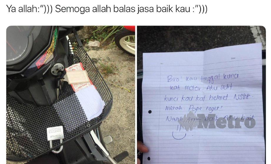AZIB Azfar meluahkan rasa syukur tidak kehilangan motosikal selepas tertinggal kunci apabila dibantu rakannya yang turut meninggalkan sekeping nota. 