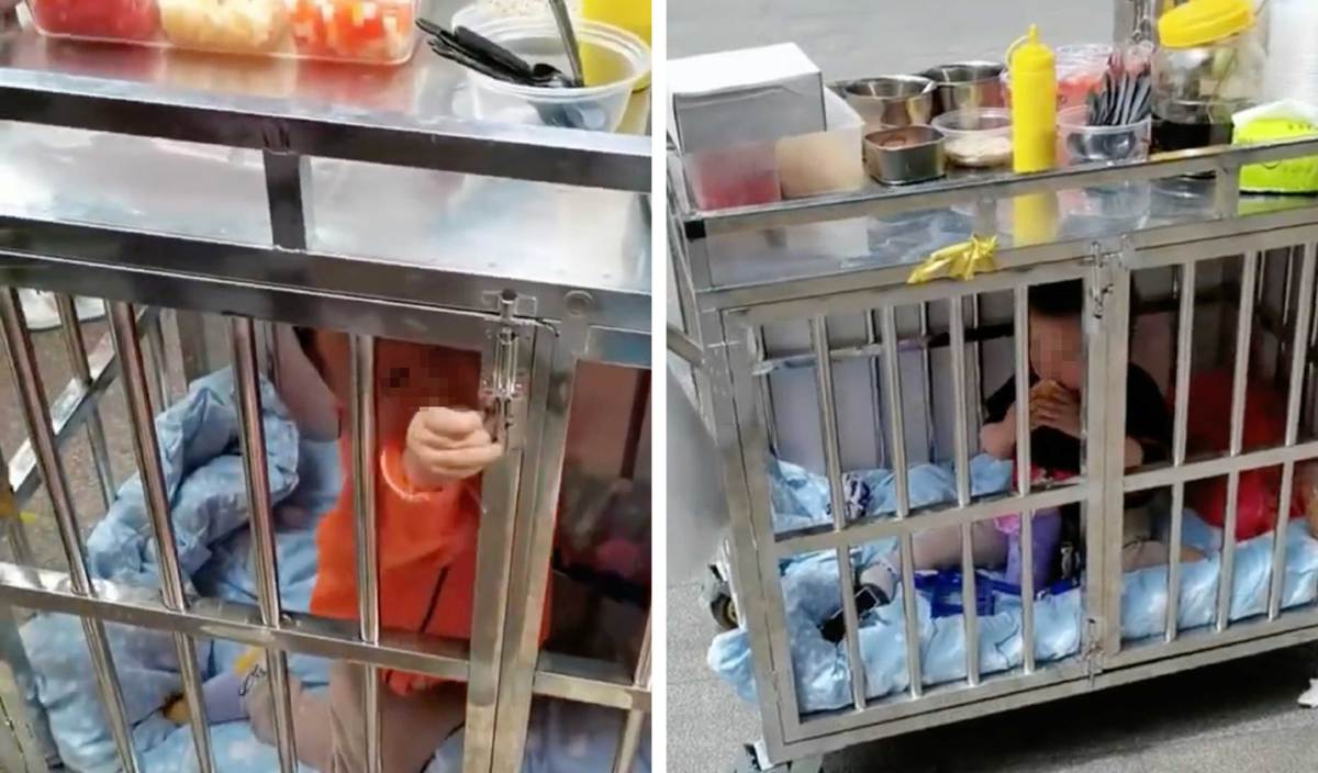FOTO tular menunjukkan kanak-kanak yang dikurung di dalam sangkar ketika ibunya berniaga. FOTO Weibo