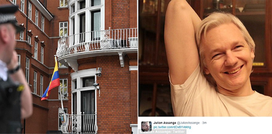 Status terbaru Julian Assange di Twitter selepas Sweden menggugurkan waran tangkap terhadapnya. Gambar kiri, Kedutaan Ecuador di London. 