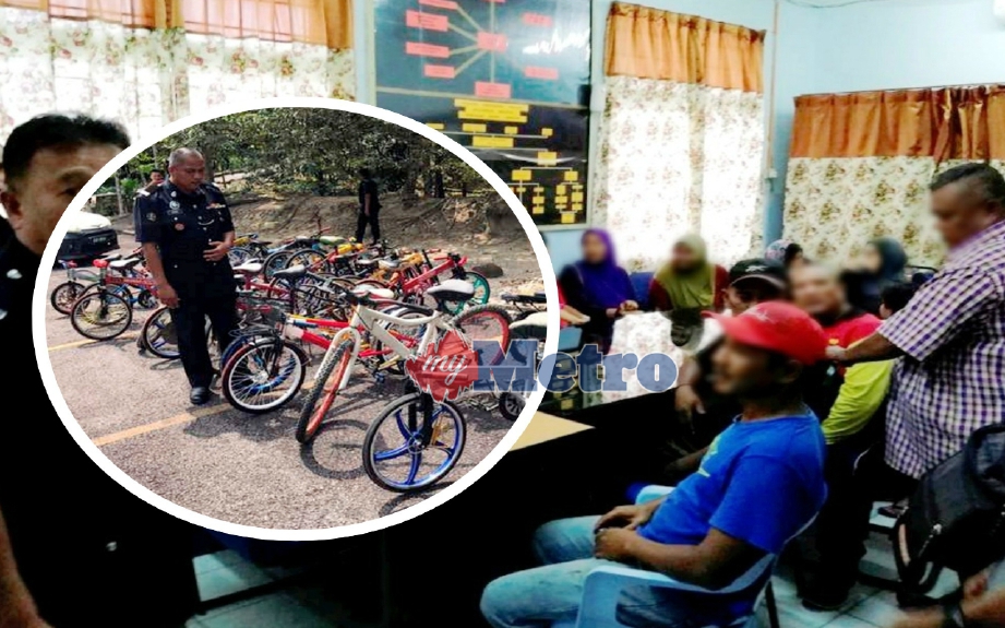 Antara basikal lajak yang dirampas (gambar kecil) manakala ibu bapa kanak-kanak dan remaja yang terbabit memberikan kerjasama kepada polis. FOTO Ihsan PDRM