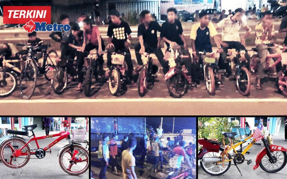 Sekumpulan kanak-kanak dan remaja yang dihimpunkan untuk lumba haram basikal lajak dan ‘tunjuk hebat’ di jambatan baru berhampiran Teluk Pulai, Klang, semalam sebelum sebahagian daripada mereka ditahan polis. FOTO ihsan PDRM 