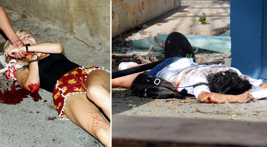 Seorang pelancong yang cedera dan gambar kanan, seorang wanita tempatan yang cedera terbaring menunggu bantuan akibat serangan bom di Hua Hin. - Foto REUTERS