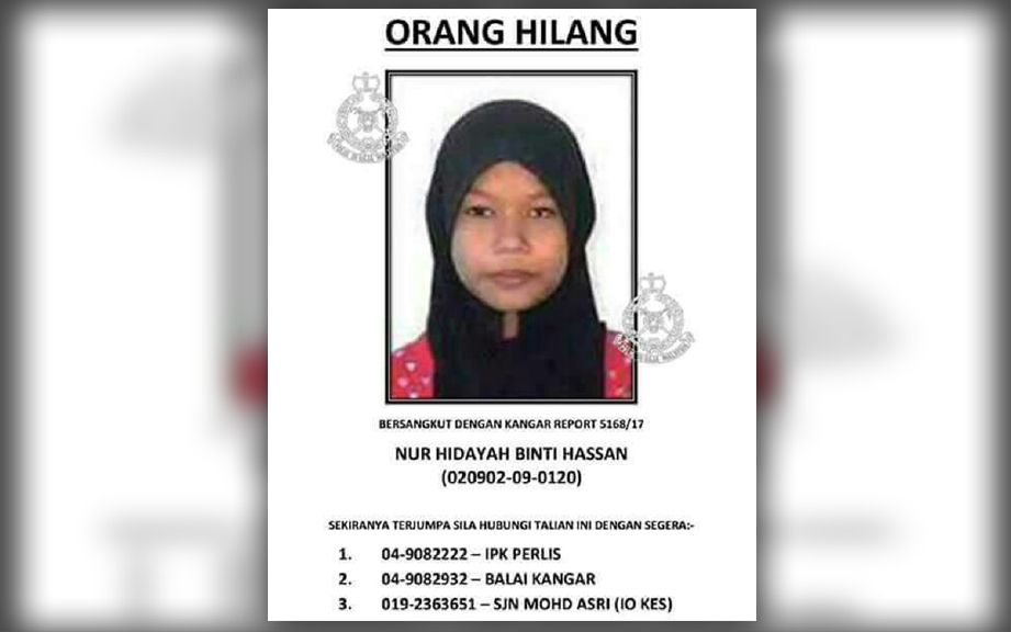 Orang ramai yang mempunyai maklumat mengenai Nur Hidayah Hassan, 15, diminta menghubungi ibunya, Sariah Suboh di talian 01125818763. - Foto Ihsan PDRM