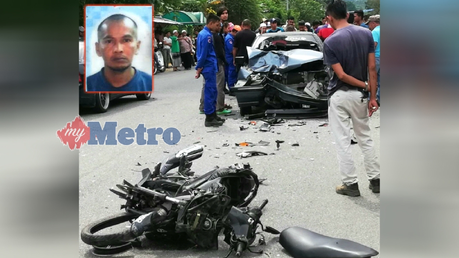 HASSAN (gambar kecil) maut selepas motosikal ditunggangnya bertembung dengan kereta dalam kemalangan di Kilometer 18, Jalan Baling -Tanjung Pari, berdekatan Kampung Surau, Mukim Siong, Baling, hari ini. FOTO ihsan pembaca.