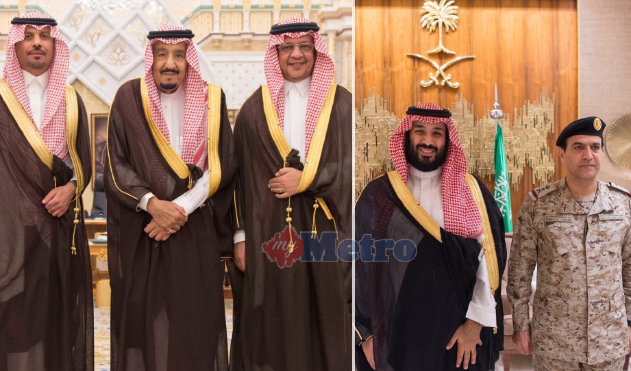 Raja Salman bin Abdulaziz Al Saud bersama Menteri Pengawal Kebangsaan yang baru, Khaled bin Ayyaf dan Menteri Ekonomi Mohammed al-Tuwaijri selepas majlis angkat sumpah mereka di Riyadh, semalam. 