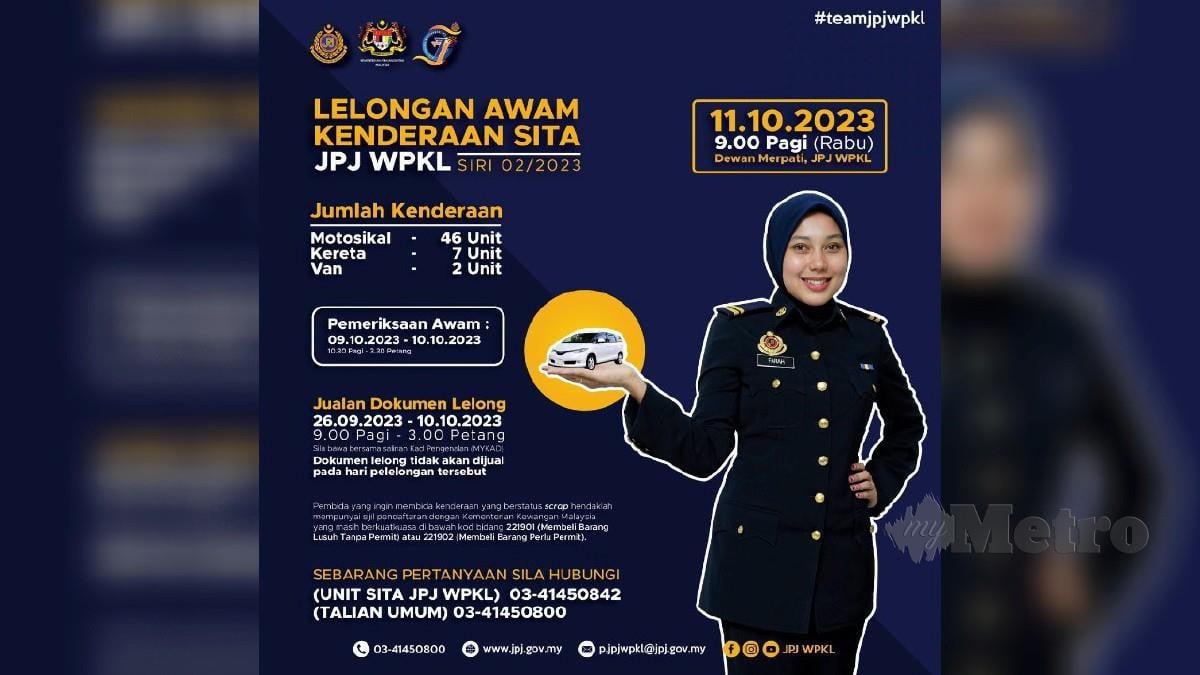 JPJ akan mengadakan lelongan kenderaan sita pada 11 Oktober ini.