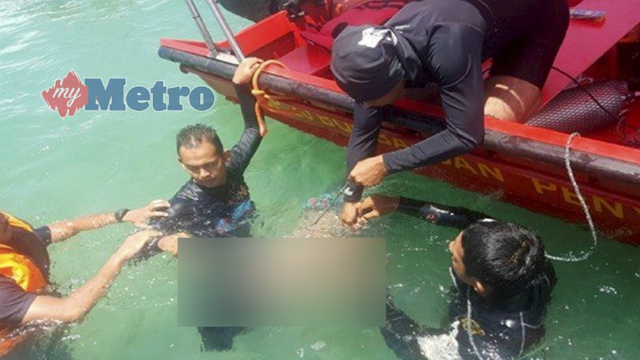 MAYAT mangsa ditemui di perairan Pulau Giam, Pulau Pangkor, hari ini. FOTO Ihsan JBPM