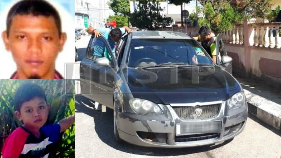 ORANG ramai memeriksa kenderaan dinaiki dua beranak yang kini berada dalam keadaan kritikal. (Gambar kecil) Mohd Amiroshelmi (kanan) dan anaknya Putera Rafiudin. FOTO Rosli Ilham