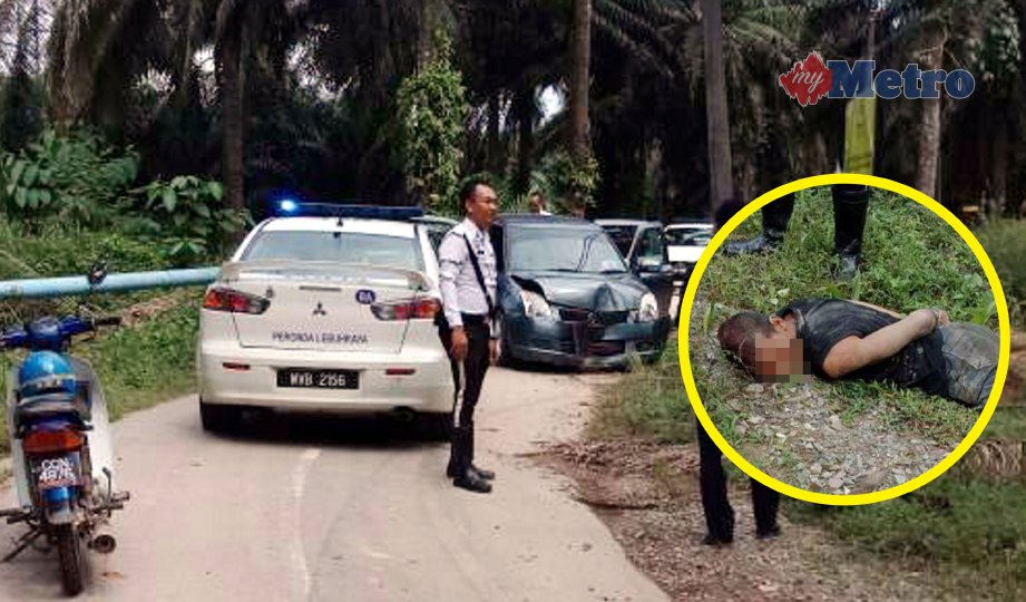 POLIS memeriksa lokasi kereta suspek terbabas. Gambar kecil, seorang daripada tiga suspek ditahan. FOTO Ihsan PDRM Pahang