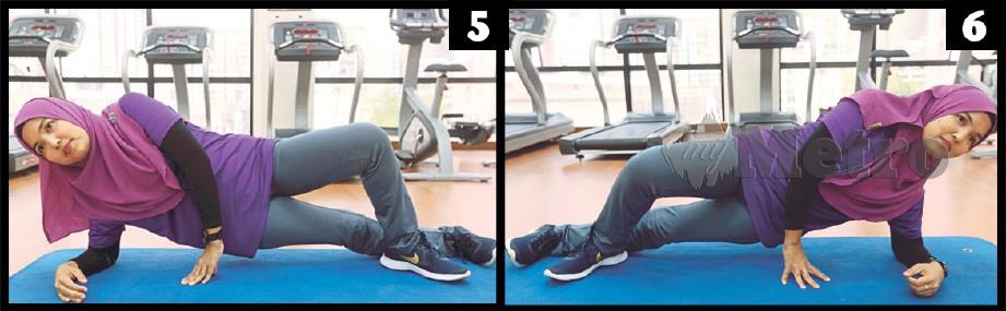 5) LETAKKAN siku separas bahu dan bengkokkan sebelah kaki untuk menyokong tubuh. Kekal dalam kedudukan selama 15 saat.