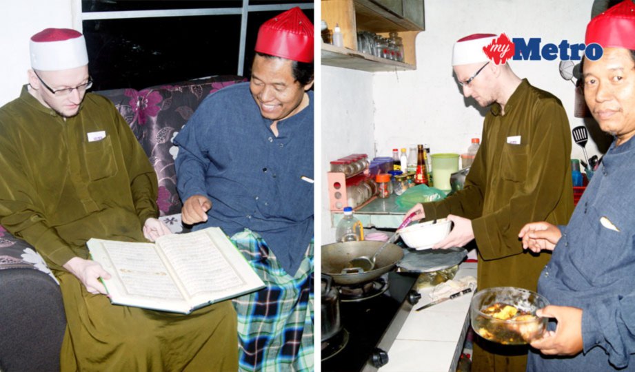 MUHAMMAD Yusof dibantu ayah angkatnya, Mohd Zukhi Ghazali membaca al-Quran. Gambar kanan, Muhammad Yusof memasak di rumah keluarga angkatnya di Kuala Ketil. FOTO Sabaruddin Abd Ghani 