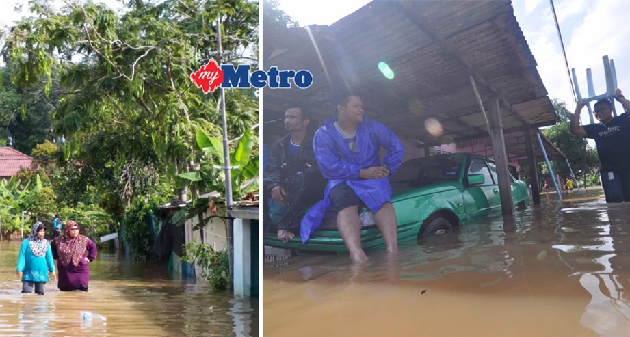 Keadaan banjir yang melanda Kampung Pantai Kundor dekat Tanjung Kling, Melaka hari ini, dan kanan, kereta penduduk yang tidak sempat diselamatkan. - Foto Ihsan Pembaca/MUHAMMAD HATIM AB MANAN