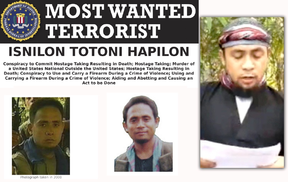 Poster mengenai ketua Abu Sayyaf, Isnilon Hapilon, yang dikeluarkan FBI (Foto AP) manakala gambar kanan, antara kemunculan Isnilon di You Tube.