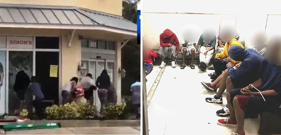 Satu kumpulan memecah masuk kedai sukan di Fort Lauderdale dan kanan, mereka yang ditahan di Miami. - Foto Daily Mail
