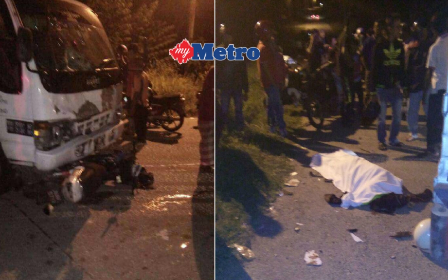 Orang ramai melihat jenazah penunggang motosikal yang maut selepas dirempuh sebuah lori  di simpang empat lampu isyarat Sungai Karangan-Padang Meha. FOTO Ahli ICJ Kulim
