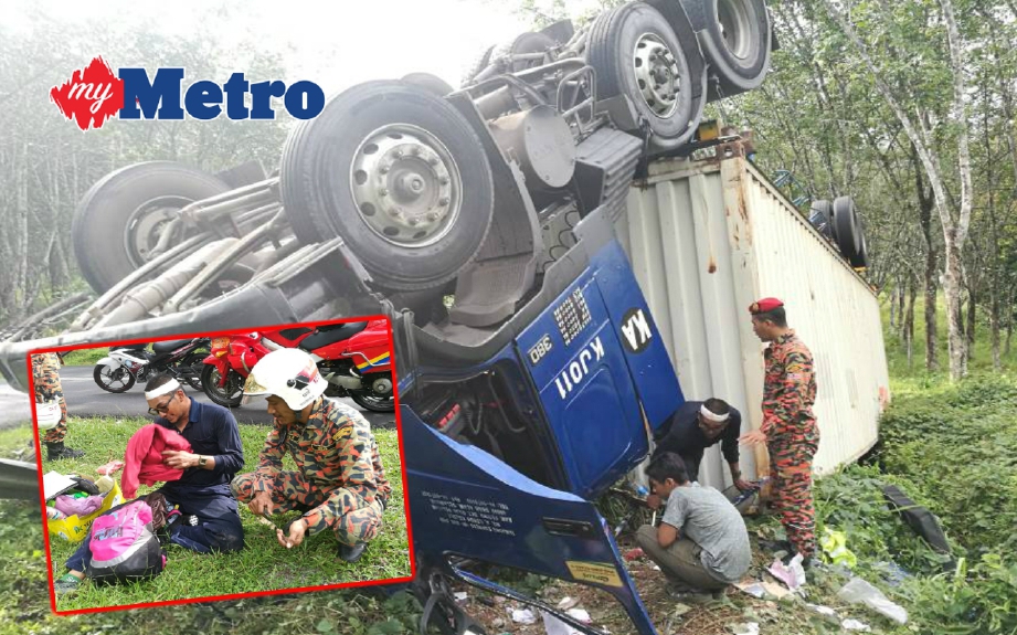 Walaupun terbalik, pemandu lori kontena ini hanya cedera ringan. (Gambar kecil) Mohd Syazwan ditenangkan anggota bomba dan penyelamat. FOTO Omar Osman 
