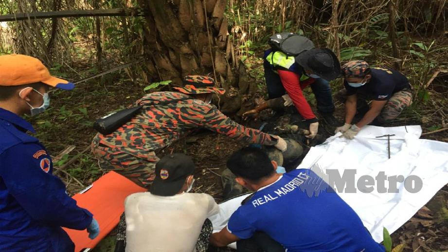 Mayat Dian yang di laporkan hilang di hutan Bakong tiga hari lalu ditemui petang tadi di Sungai Kelijet. FOTO ihsan bomba