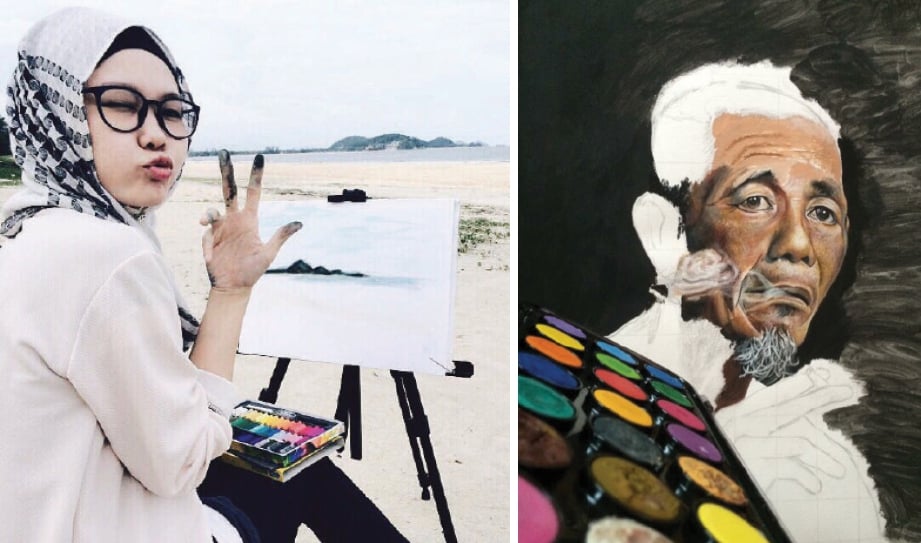 AKSI bersahaja Freida sewaktu melukis pemandangan (gambar kiri). Lukisan wajah warga emas yang diselubungi duka.