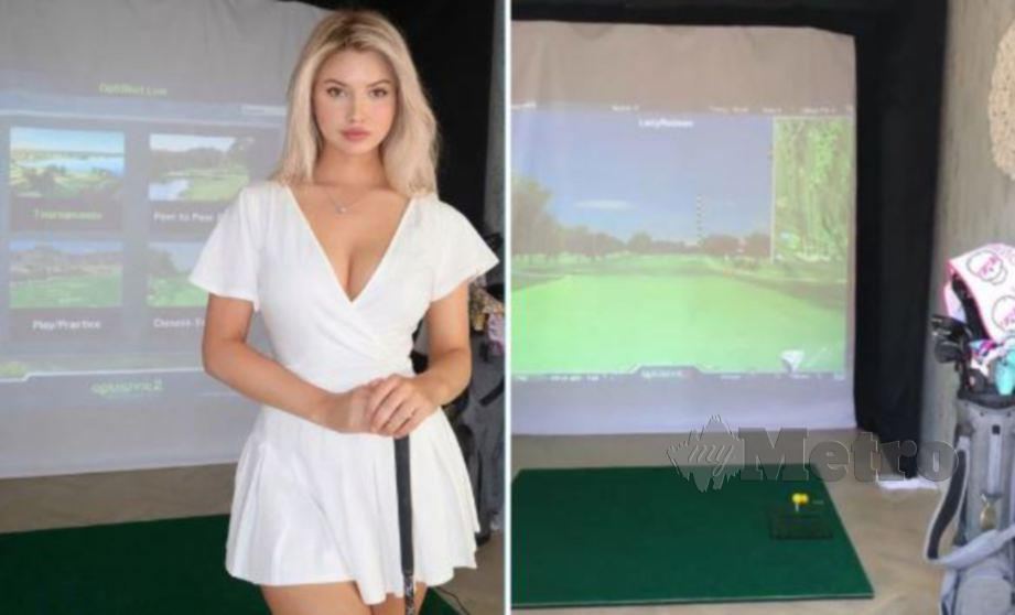 Lucy bersama alat simulasi golf. FOTO Agensi