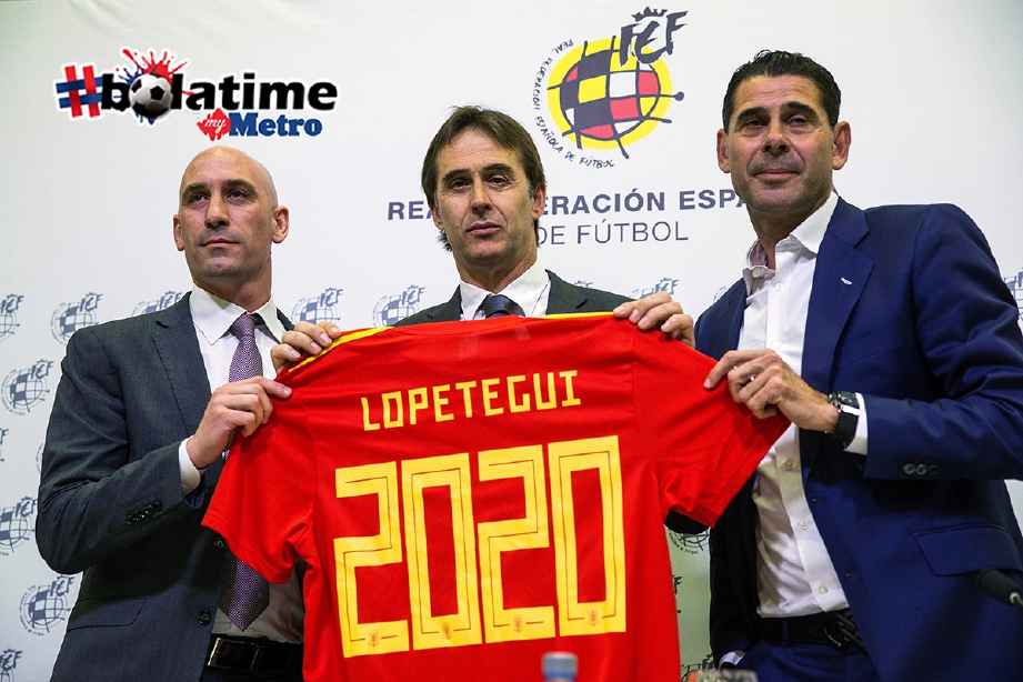LOPETEGUI (tengah) setuju sambung kontrak bersama Sepanyol hinggal 2020. -Foto AFP