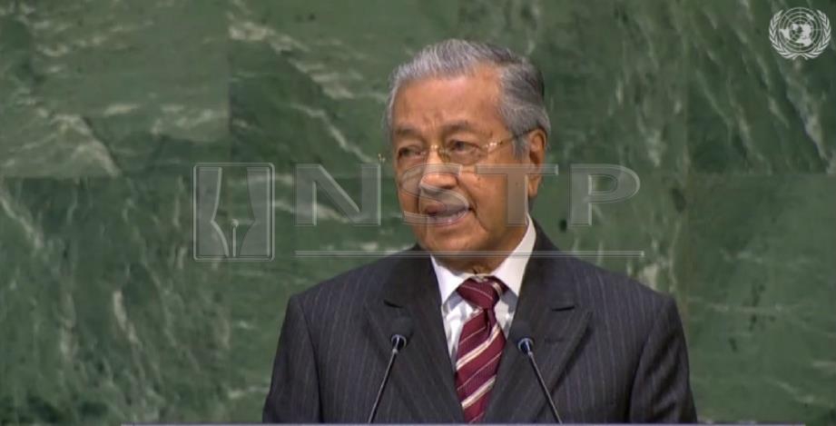 Gambar fail menunjukkan Dr Mahathir menyampaikan ucapan di di Perhimpunan Agung PBB ke-73, New York. FOTO Video Grab UNWeb TV