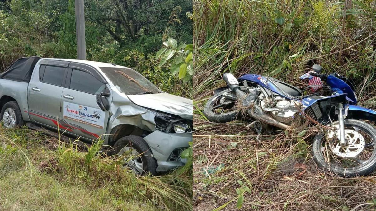 KEADAAN Toyota Hilux dan motosikal yang terbabit kemalangan. FOTO Ramli Ibrahim