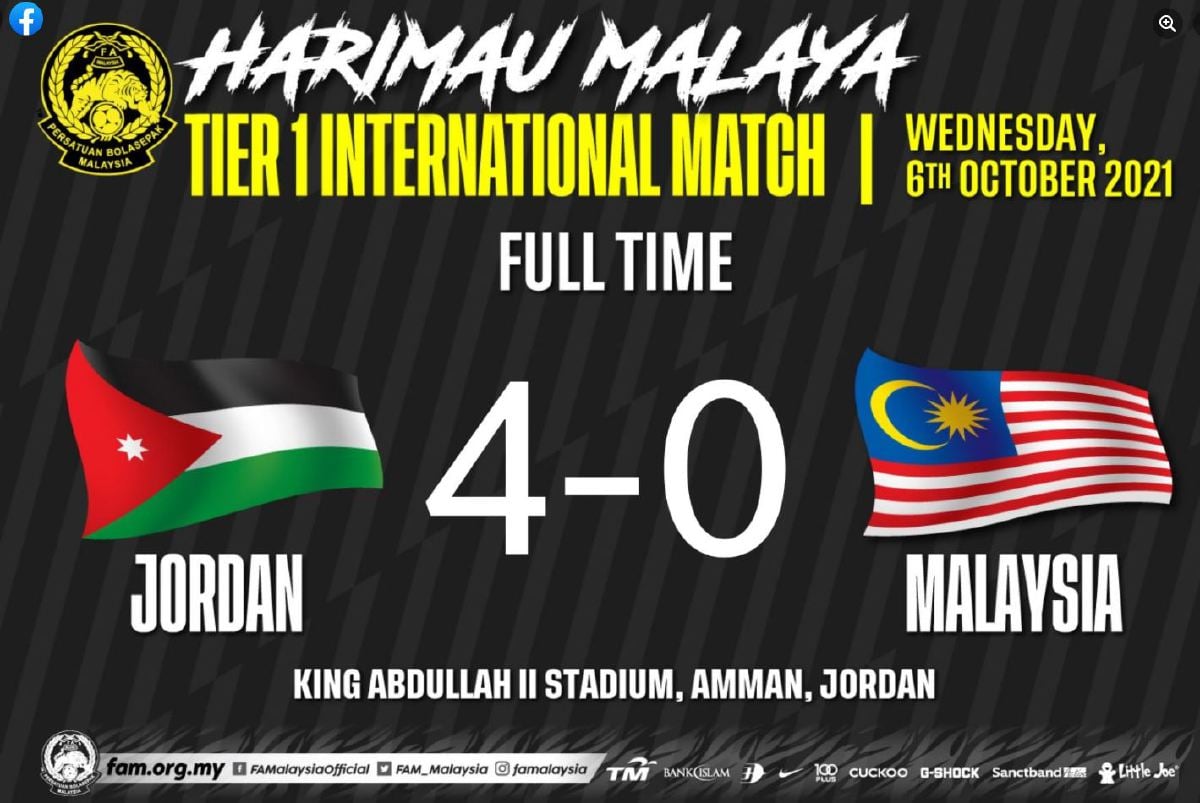 HARIMAU Malaya tewas 0-4 kepada Jordan. -FOTO Ihsan FAM 