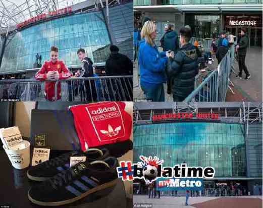 Foto kombo peminat United beratur di luar Old Trafford Megastore untuk mendapatkan kasut Stretford. - Pix Daily Mail