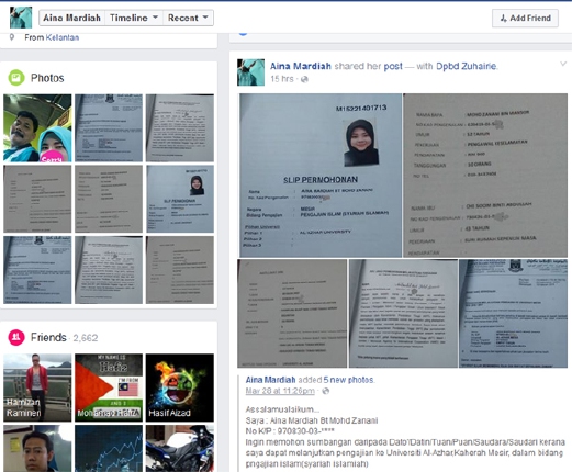 Status FB Aina Mardiah, 19, memohon sumbangan untuk melanjutkan pelajaran ke Mesir. - Foto Facebook