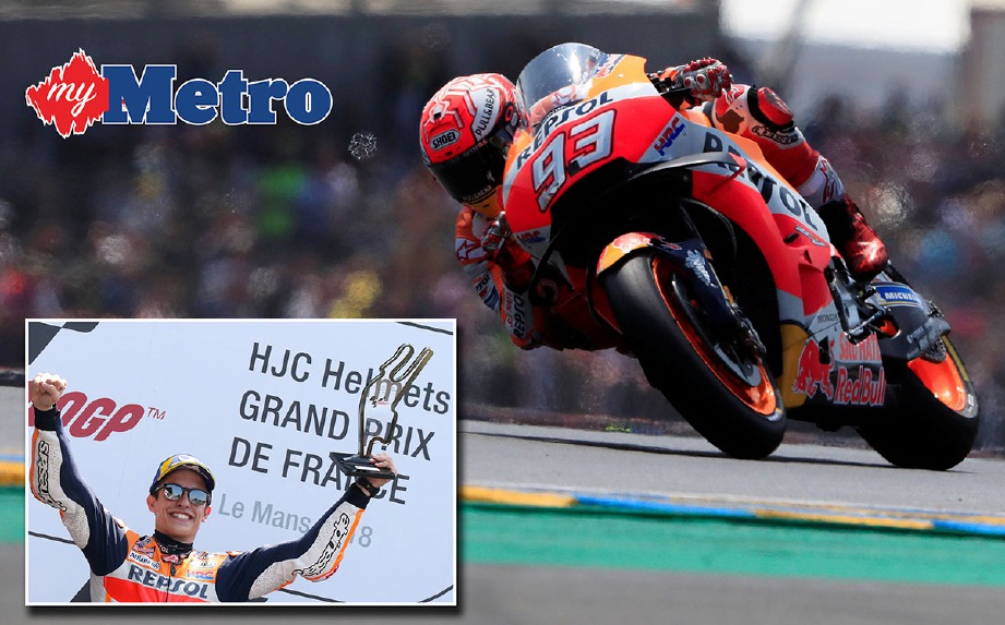 MARC Marquez unnguli GP Perancis dengan catatan masa 41 minit 49.773 saat. -Foto Reuters