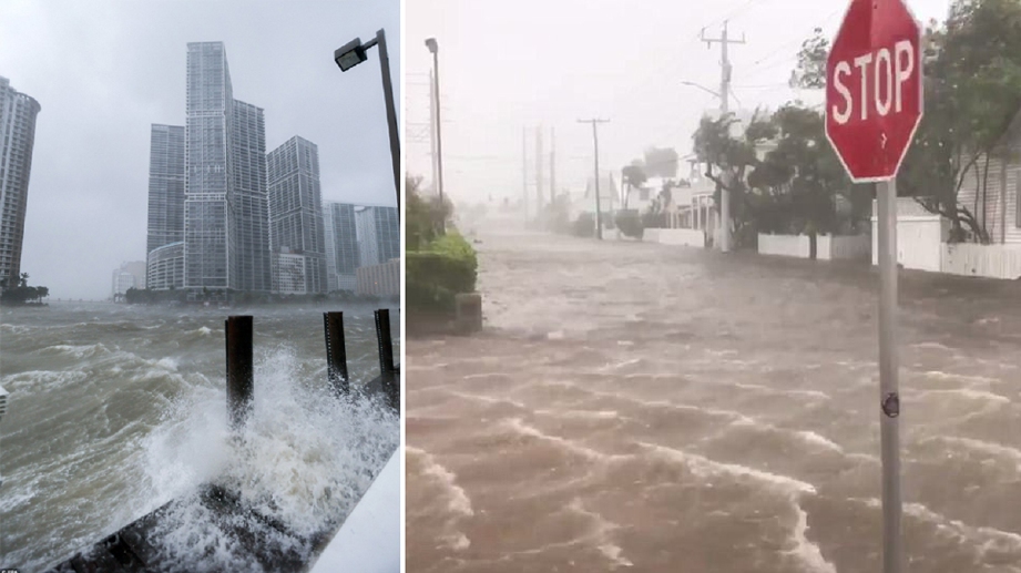 Ombak kencang di pertemuan Teluk Biscayne, muara Sungai Miami di Florida dan kanan, jalan raya di Key West ditenggelami banjir hari ini. - Foto Daily Mail
