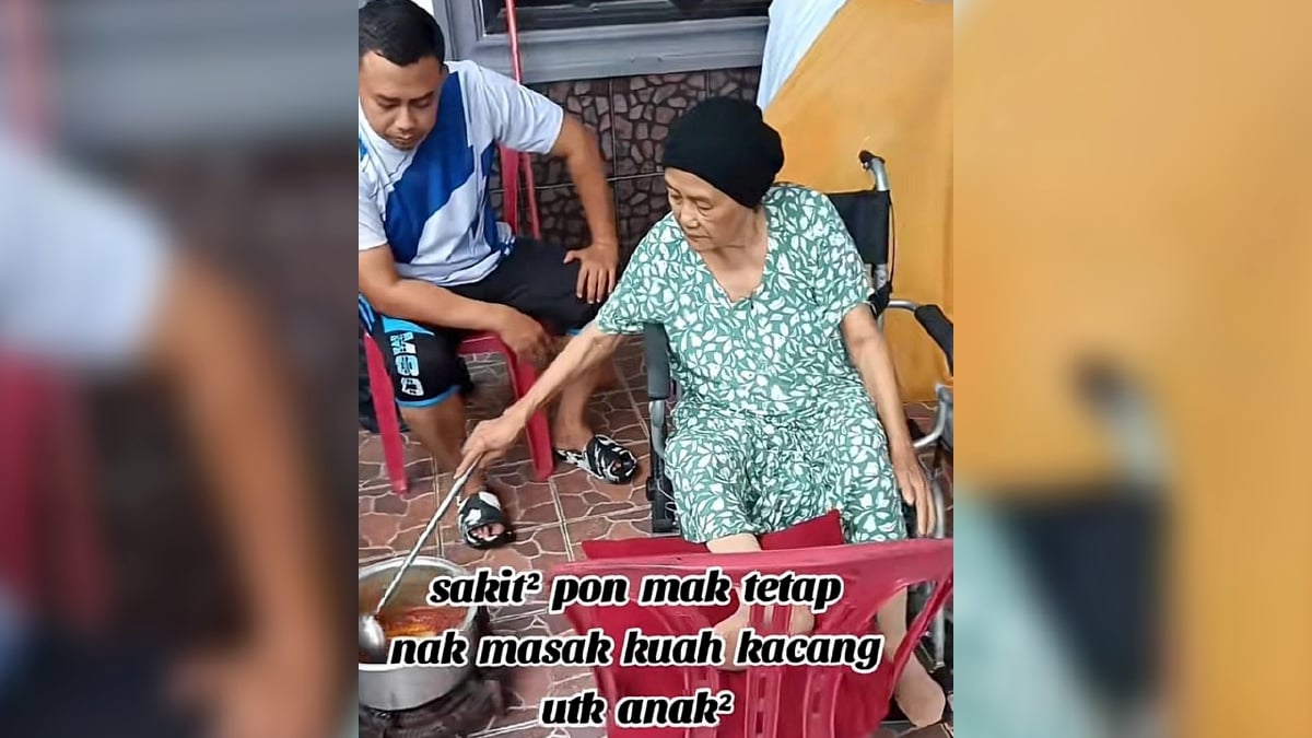 CHE Hasmah memasak kuah kacang untuk juadah raya walaupun duduk di kerusi roda. FOTO Tangkap Layar TikTok