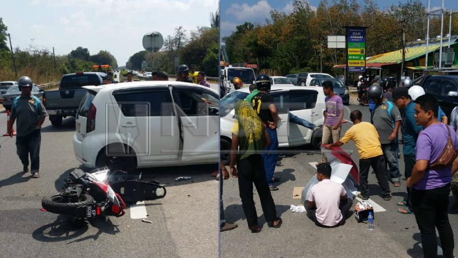 Kemalangan yang membabitkan kereta Perodua Myvi dan motosikal di Kilometer 18.4 Lebuhraya Utara Selatan berhampiran Napoh. FOTO Ihsan Pembaca