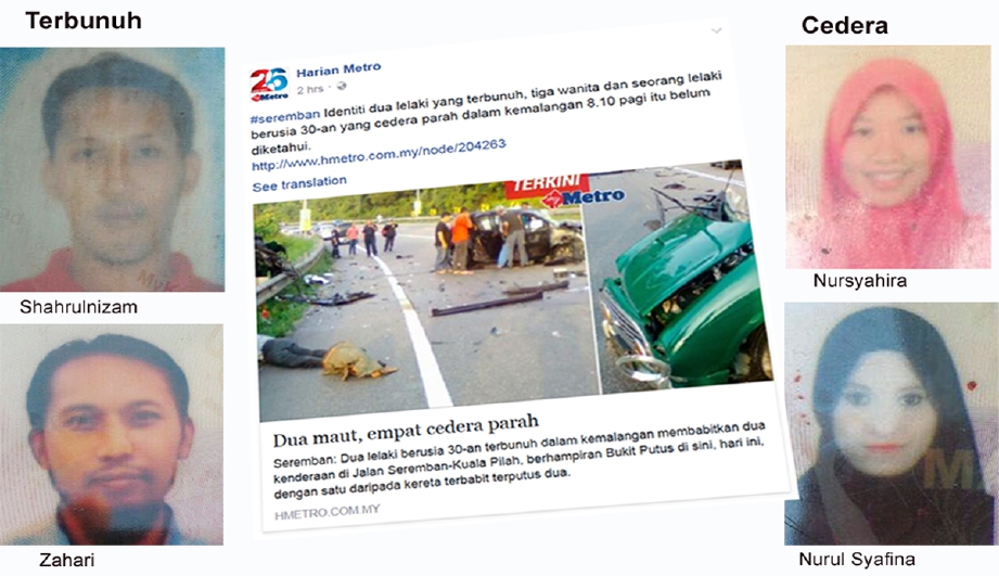 Dua terbunuh, empat lagi cedera dalam kemalangan di Jalan Seremban-Kuala Pilah, berhampiran Bukit Putus, pagi tadi. - Foto Ihsan Bomba