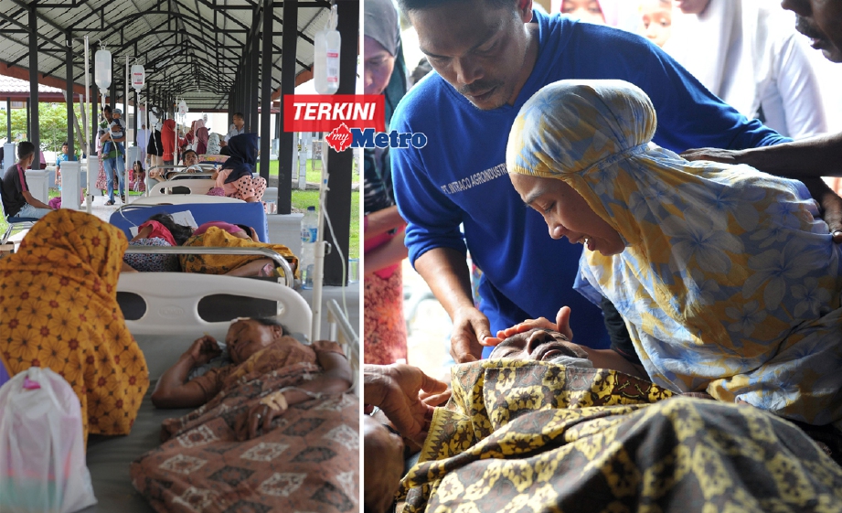 Mangsa yang cedera dirawat di kaki lima hospital di Pidie Jaya manakala gambar kanan, seorang wanita meratapi anggota keluarganya yang terbunuh. - Foto AFP/CHAIDEER MAHYUDDIN
